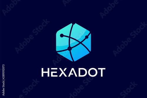 Linked Hexagon Connect Network Logo on Blue Background