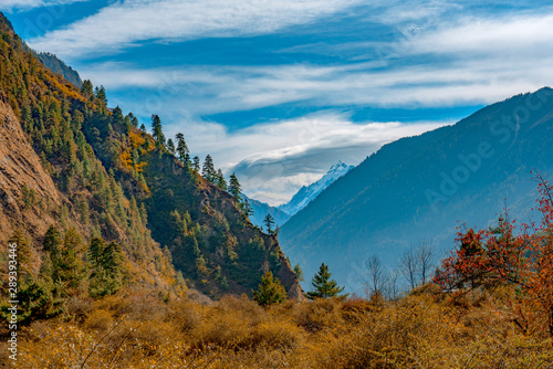 Himalayan mountains and forests in Manaslu region  Nepal.