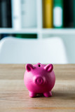 pink toy piggy bank on wooden desk in office