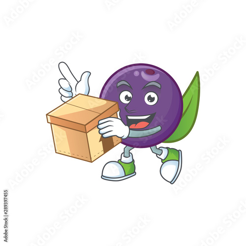 With box acai berries cartoon character for health