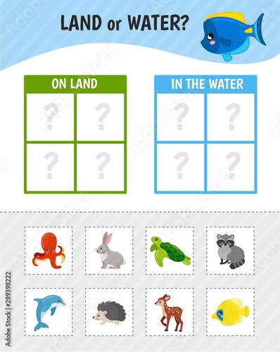 Educational game for children with pictures. Kids activity cards. Land or water?