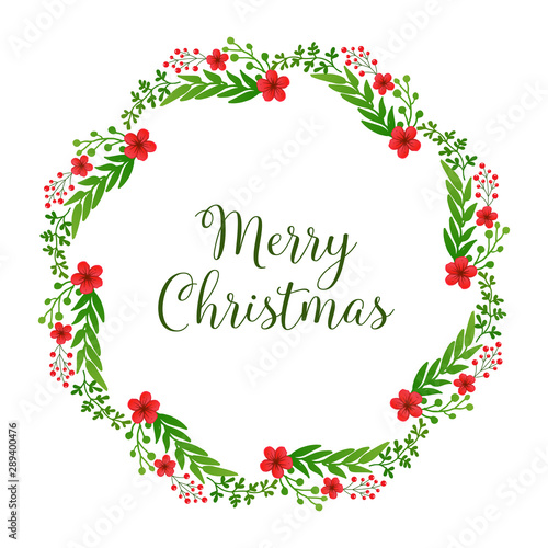 Lettering banner merry christmas hand drawn, with abstract red flower frame background. Vector