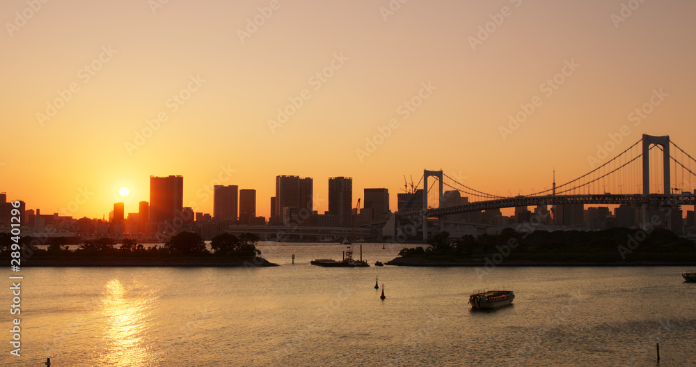 Odaiba city landscape at sunset Odaiba city landscape at sunset