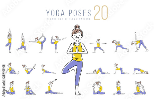 Illustration material: woman, yoga, pose, set, variation
