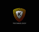 Techno Shield K Letter Logo Icon, Creative Techno Shield Badge.