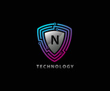 Techno Shield N Letter Logo Icon, Creative Techno Shield Badge.