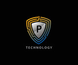 Techno Shield P Letter Logo Icon, Creative Techno Shield Badge.
