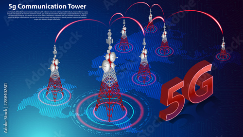 5g Communication Tower Wireless Hispeed Internet with World map and circuit board is background. LTE aerial network connection, fastest internet in future