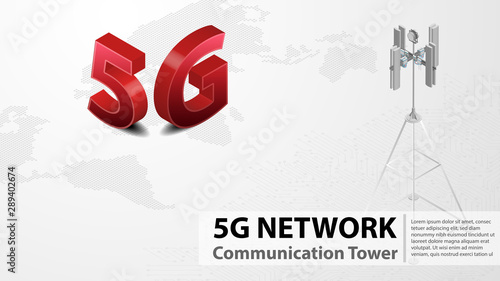 5g Communication Tower Wireless Hi-speed Internet with Data center background