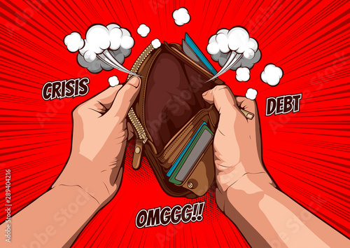 picture hand open an empty wallet on red background, comic cover template, speech bubbles, doodle art, Vector illustration file.