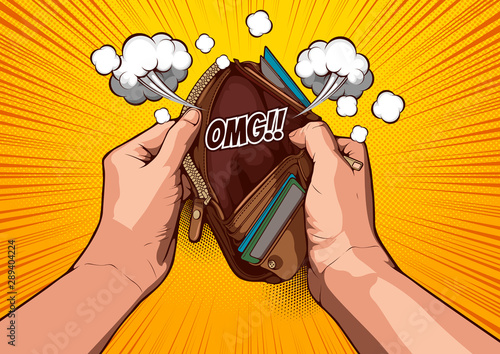 picture hand open an empty wallet on yellow background, comic cover template, speech bubbles, doodle art, Vector illustration file.
