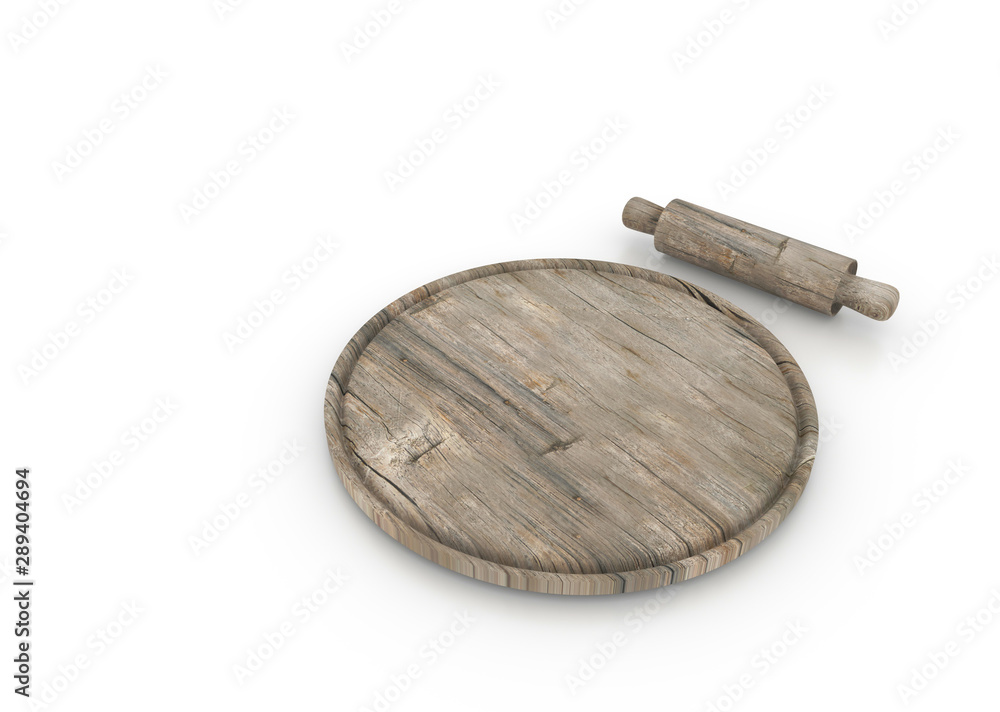 3d rendering wooden plate and rolling pin on white background. 3d rendering wooden plate and rolling pin on white background.