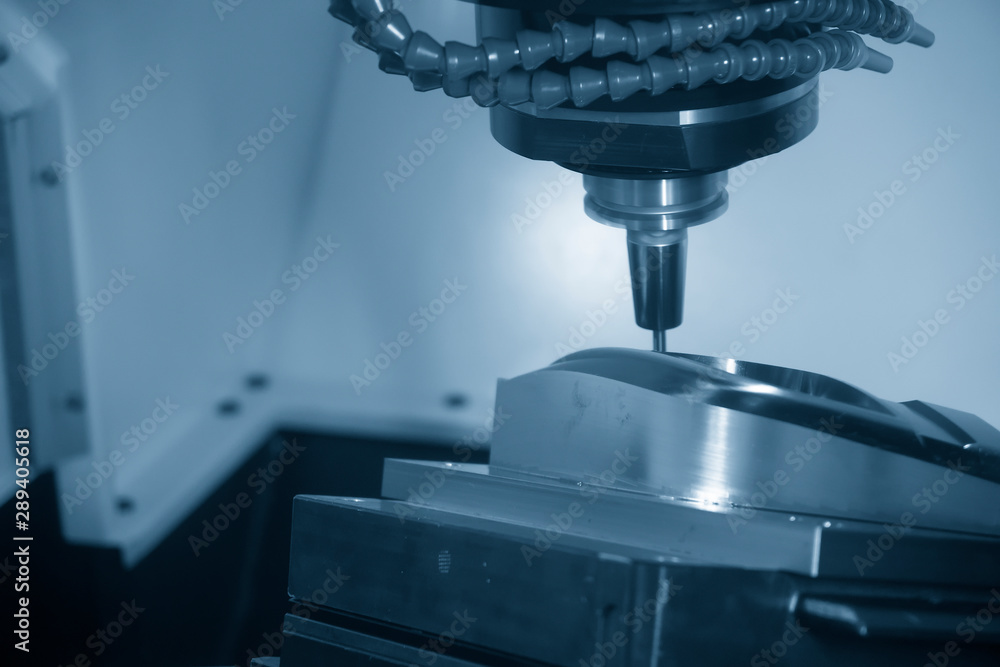 The hi precision injection mold cutting process on 5-axis CNC milling machine with solid ball end mill tools. The mold and die manufacturing process on 5-axis machining center. The hi precision injection mold cutting process on 5-axis CNC milling machine with solid ball end mill tools. The mold and die manufacturing process on 5-axis machining center.