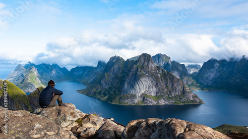 Reine from Reinebringen,view on stunning mountains of Lofoten islands, Norway