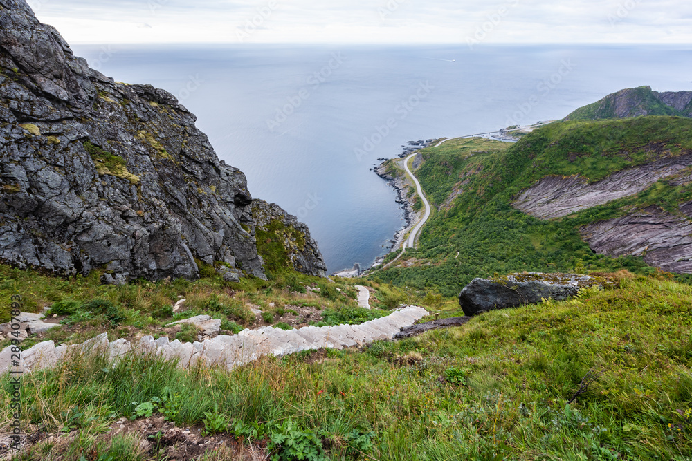 Trail from Reinebringen of Reine, Lofoten islands, Norway Trail from Reinebringen of Reine, Lofoten islands, Norway