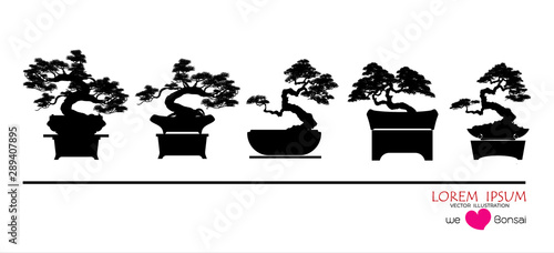 set of Bonsai, Black silhouette of bonsai. Detailed image. Vector illustration. Decorative arts. Mini tree in pot. Dwarf tree decoration art.  