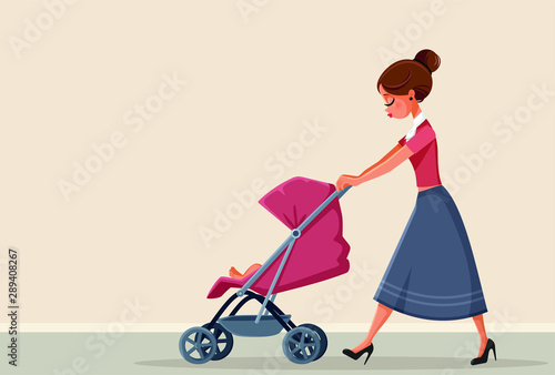 Young Mother Pushing Baby Stroller Vector Illustration