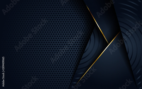 Modern dark 3d abstract background with circular and golden line shape.