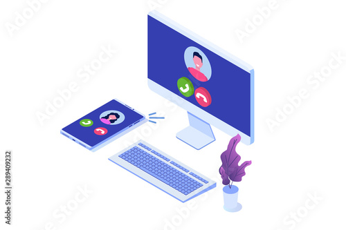 Voice over IP,  IP telephony  VoIP technology isometric concept. Vector illustration.