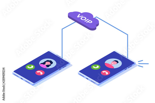 Voice over IP,  IP telephony  VoIP technology isometric concept. Vector illustration.