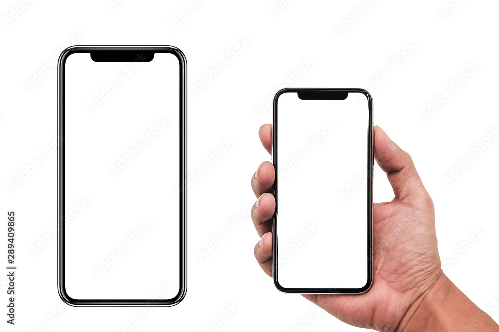 Smartphone similar to iphone 11 pro max with blank white screen for  Infographic Global Business Marketing Plan , mockup model similar to  iPhonex isolated Background of ai digital investment economy. Stock Photo