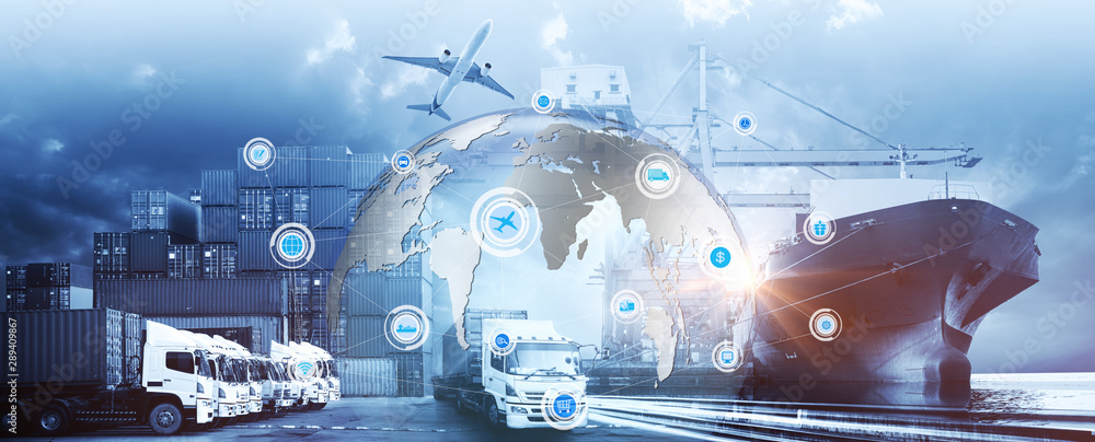 Smart technology concept with global logistics partnership Industrial Container Cargo freight ship, internet of things Concept of fast or instant shipping, Online goods orders worldwide - obrazy, fototapety, plakaty 