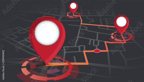 gps pins showing on street map with route tracking.vector illustration