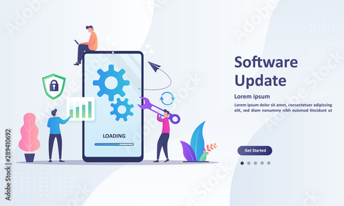 System Update Improvement Change New Version. Installing update process with people characters Suitable for web landing page, ui, mobile app, banner template. Vector Illustration