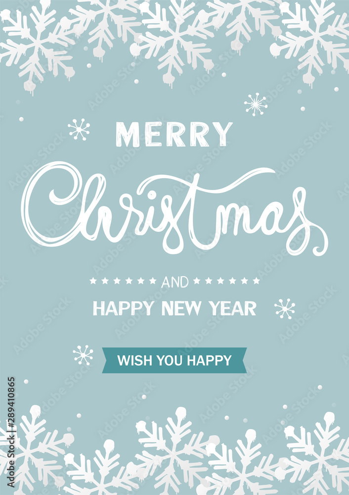 Naklejka premium Christmas winter background. White snowflake on light blue background. Cartoon style. Merry Christmas and Happy New Year card. Vector illustration.