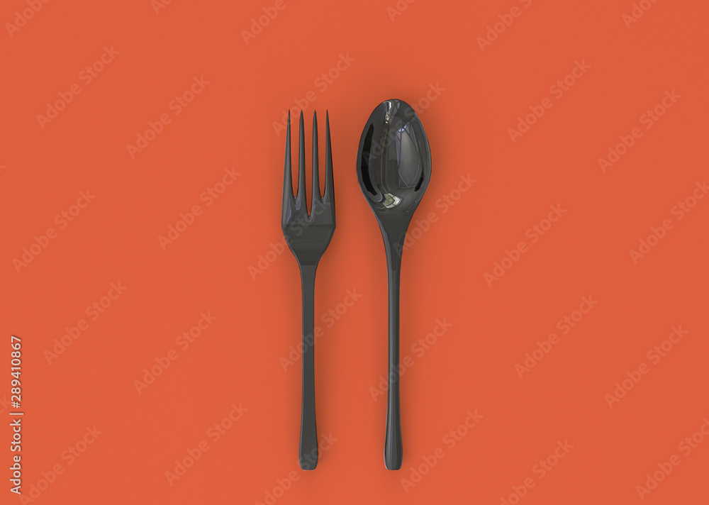 3d illustration of black fork and spoon isolated on orange background. Mockup template of utensils for serving 3d illustration of black fork and spoon isolated on orange background. Mockup template of utensils for serving