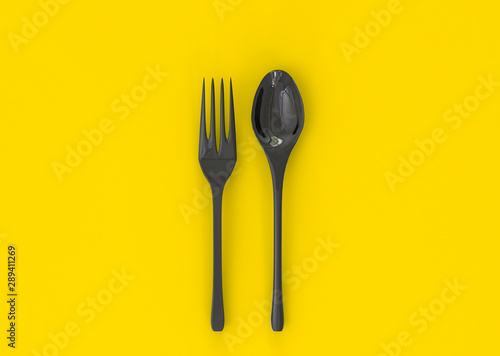 Download 3d Illustration Of Black Fork And Spoon Isolated On Yellow Background Mockup Template Of Utensils For Serving Stock Illustration Adobe Stock