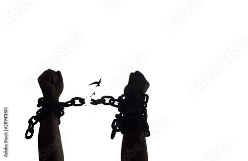 International day for the remembrance of the slave trade and its abolition concept: Silhouette human hands raising and broken chains isolated on white background photo