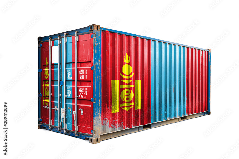 The concept of Mongolia export-import, container transporting and national delivery of goods. The transporting container with the national flag of Mongolia, view front The concept of Mongolia export-import, container transporting and national delivery of goods. The transporting container with the national flag of Mongolia, view front