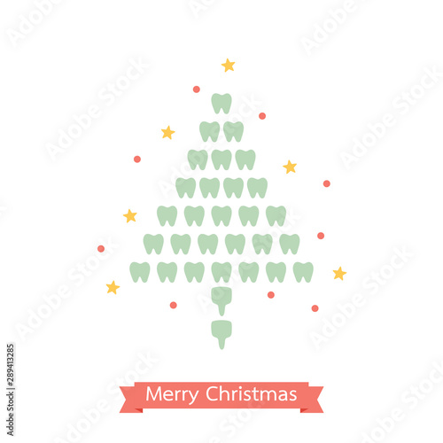 healthy tooth in the shape of Christmas tree for Merry Christmas and Happy New Year, dental care concept - teeth cartoon vector flat style