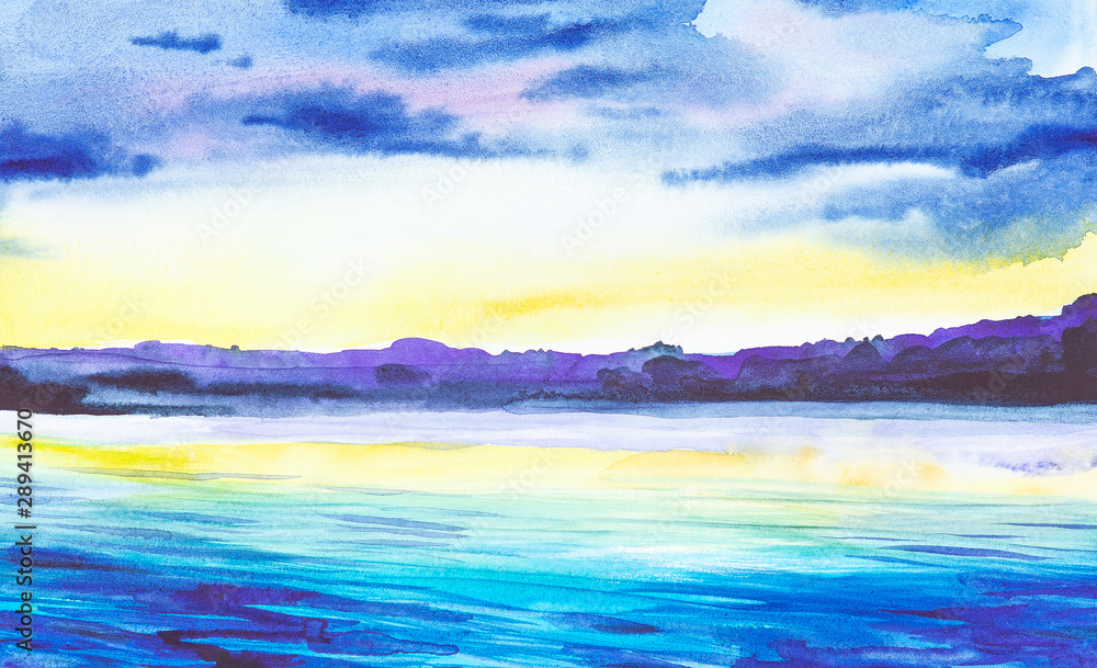 Watercolor illustration of a beautiful summer forest landscape by the lake.Sunset