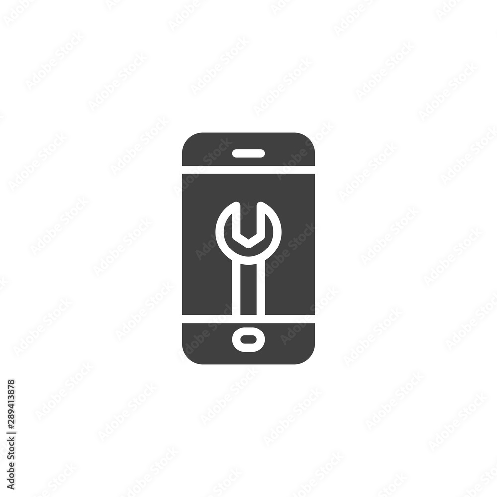 Phone repair vector icon. filled flat sign for mobile concept and web design. Wrench on mobile phone screen glyph icon. Technical support, settings symbol, logo illustration. Vector graphics