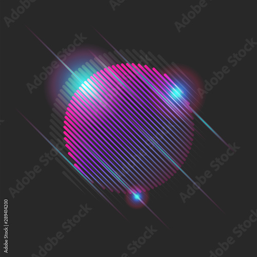 Abstract glowing neon sun 80s with glitch effect, cyber futuristic laser ray round shape with modulations and color transitions