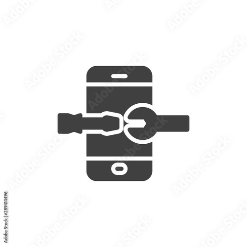 Telephone with screwdriver and wrench vector icon. filled flat sign for mobile concept and web design. Mobile phone repair glyph icon. Symbol, logo illustration. Vector graphics