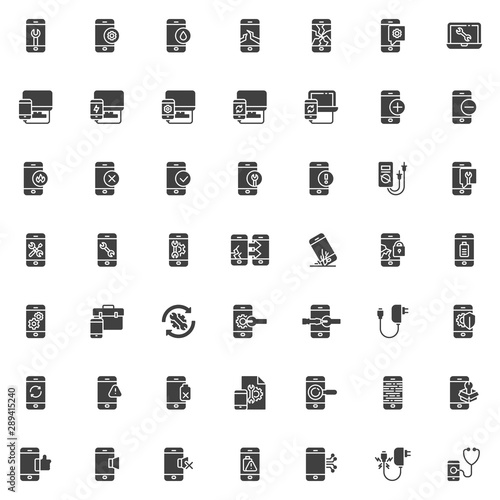 Mobile repair service vector icons set, modern solid symbol collection, filled style pictogram pack. Signs, logo illustration. Set includes icons as screen protector glass, mobile phone broken display