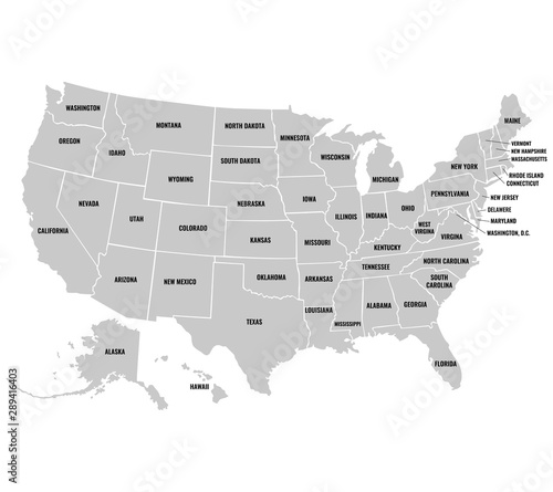 United States of America with full names of states. Vector illustration.