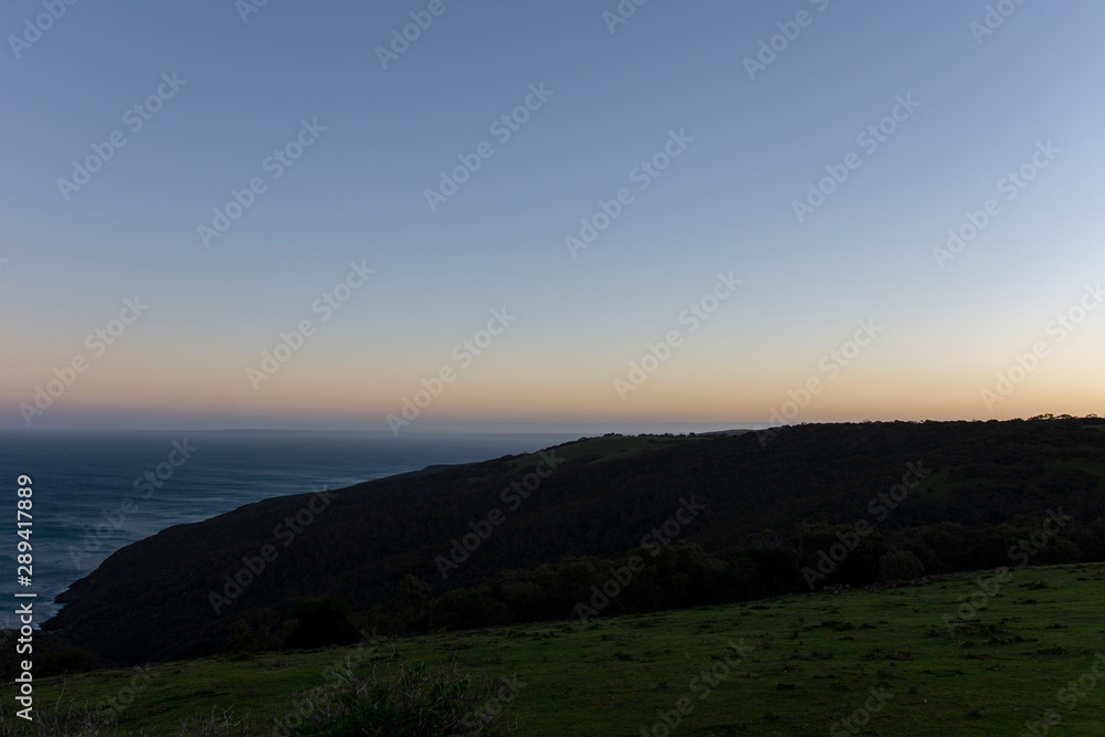 Ocean view from a hill at sunset, South Australia 2019