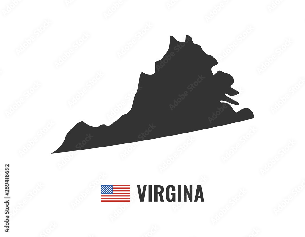 Virgina map isolated on white background silhouette. Virgina USA state. American flag. Vector illustration.