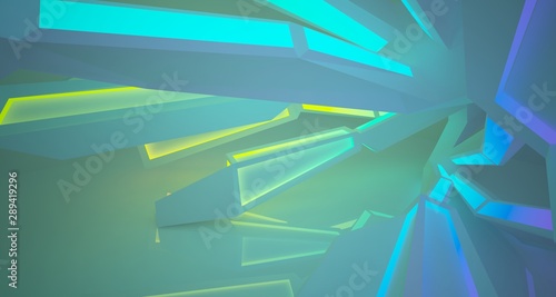 Abstract architectural white interior of a minimalist house with color gradient neon lighting. 3D illustration and rendering.