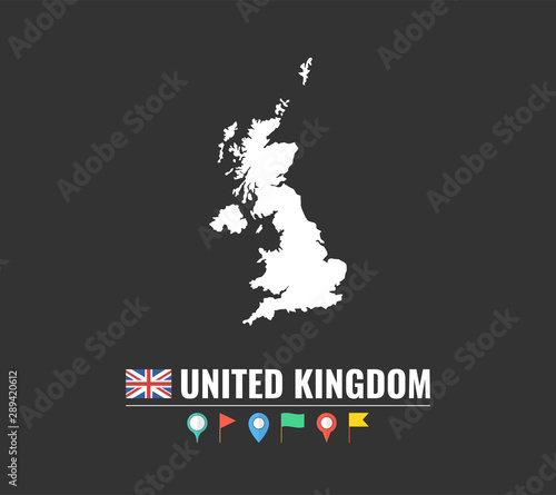 High detailed vector map of United Kingdom. Name country, flag and pointer set. Flat vector illustration.