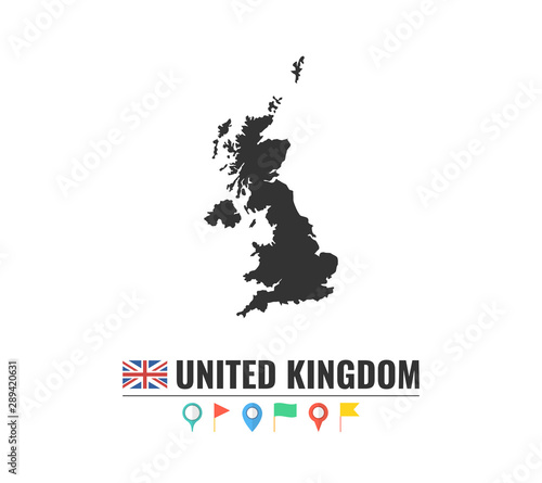 High detailed vector map of United Kingdom. Name country, flag and pointer set. Flat vector illustration.