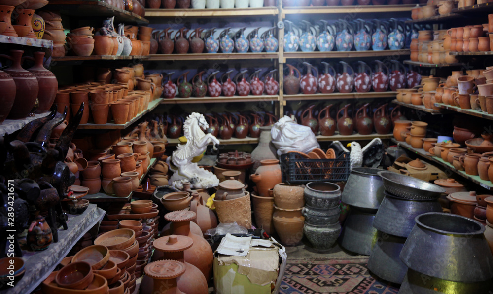 Traditional Azerbaijan handmade clay pots from Sheki at the market 