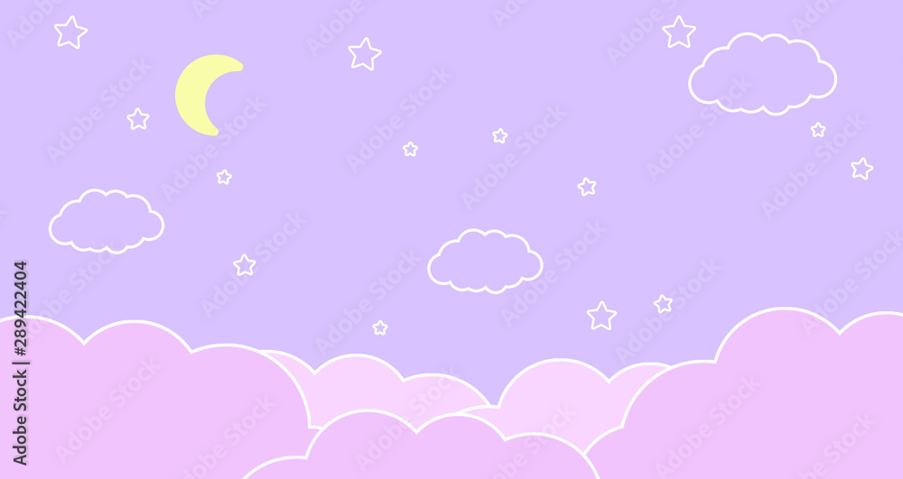 Abstract kawaii Cloudy Colorful Sky and Stars background. Soft gradient pastel Comic graphic. Concept for wedding card design or presentation