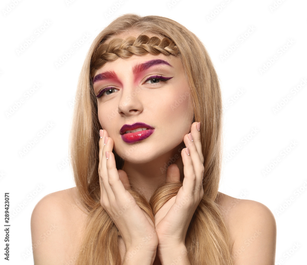 Young woman with dyed eyebrows on white background Young woman with dyed eyebrows on white background