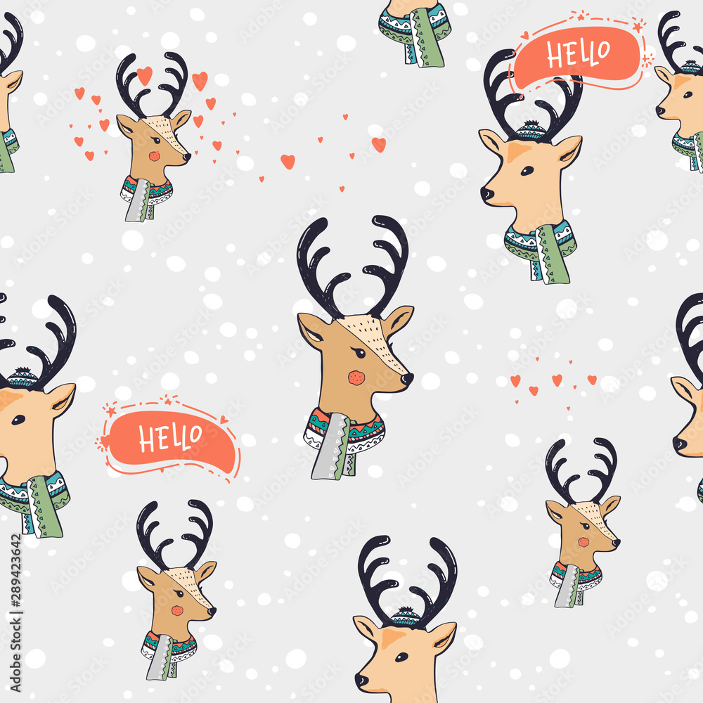 Naklejka premium Seamless hand drawn pattern with new year deer. background. vector . deer in a hat with a scarf. snowflakes.New Year wallpapers,printing fabric wrapping paper