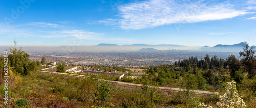 Panoramic view of Santiago's pollution from Bahai Temple in Chile.